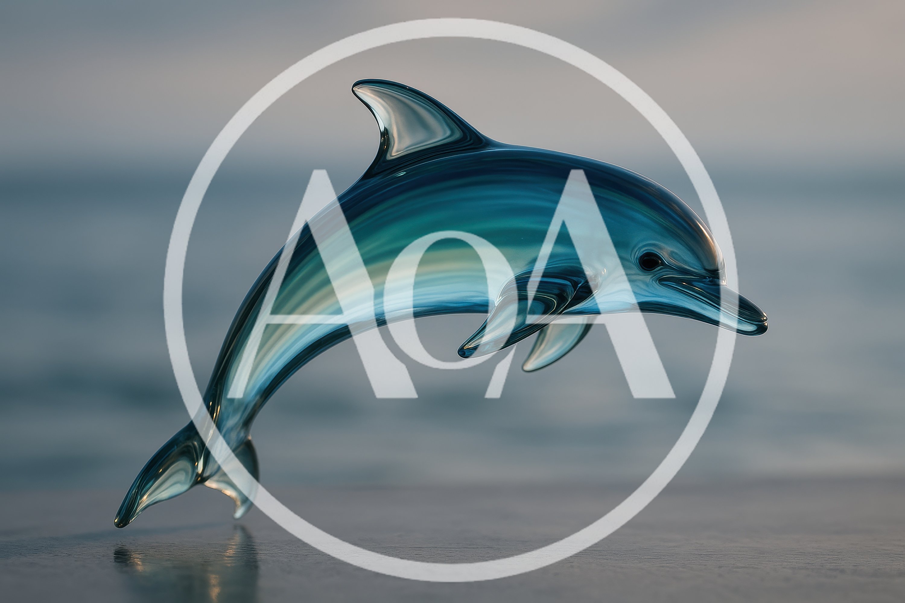Glass Dolphin Figurine Leaping Against A Blurred Ocean Background