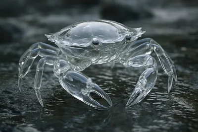 Transparent Glass Crab Sculpture On Wet Dark Rocks