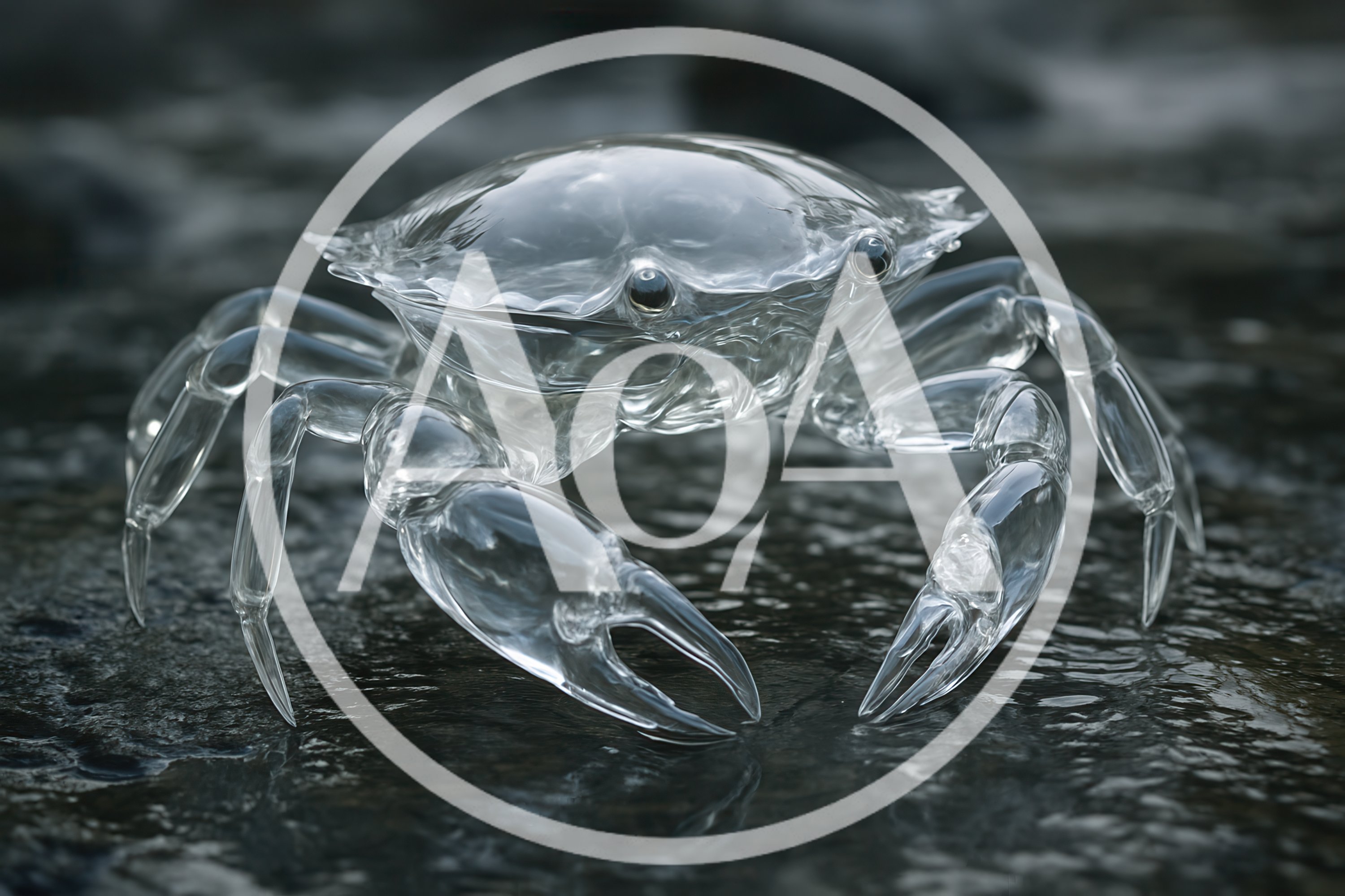 Transparent Glass Crab Sculpture On Wet Dark Rocks