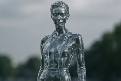Metallic Humanoid Sculpture Standing Outdoors