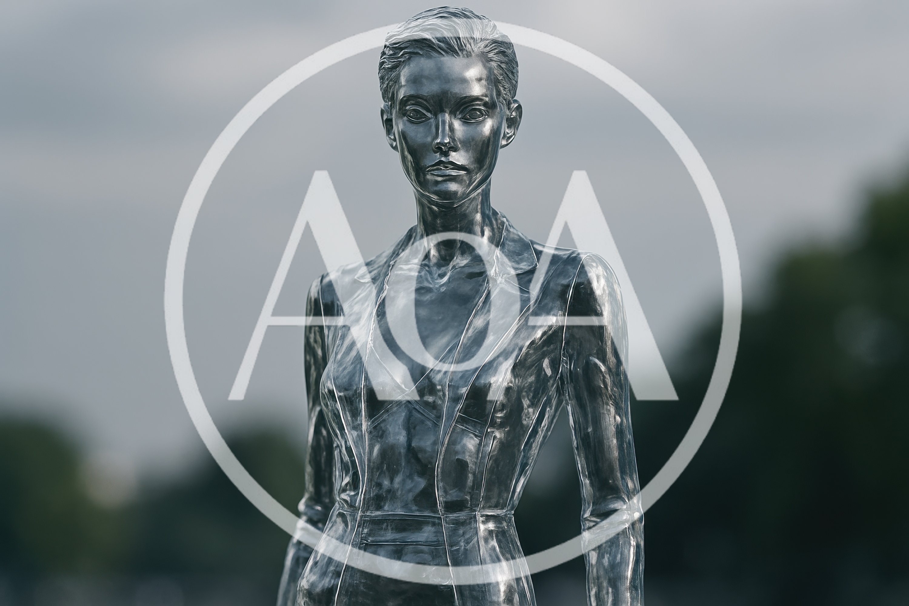 Metallic Humanoid Sculpture Standing Outdoors