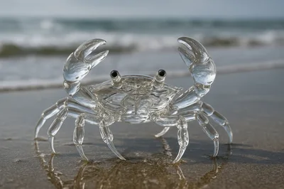Glass Crab Sculpture On A Sandy Beach