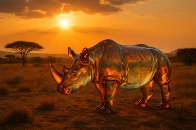 Golden Glass Rhinoceros Sculpture In African Savanna