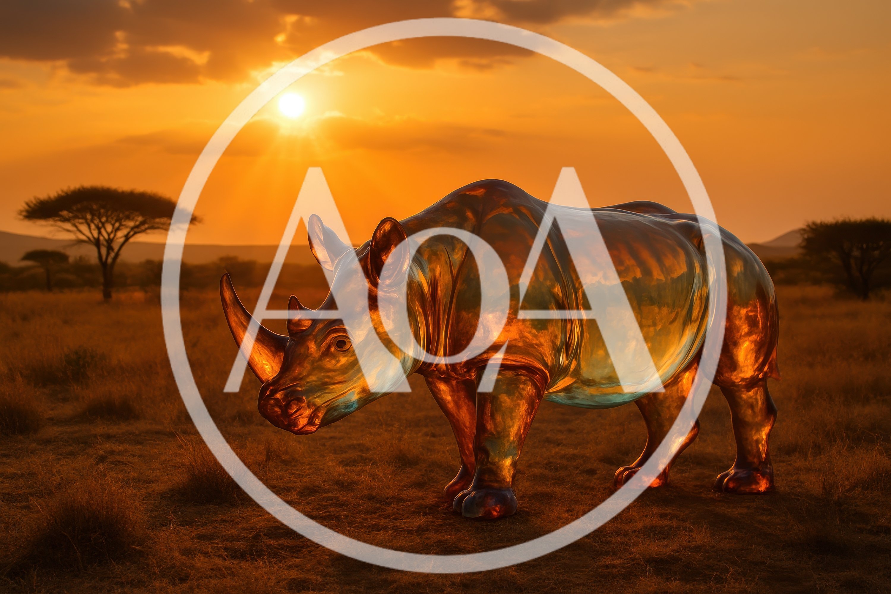 Golden Glass Rhinoceros Sculpture In African Savanna