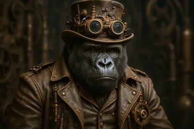 Steampunk Gorilla Portrait In Leather Gear