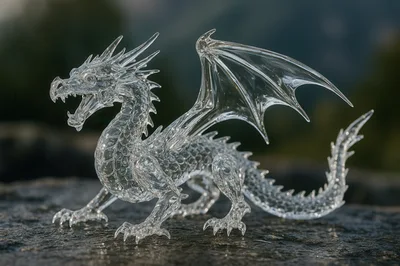 Clear Glass Dragon Figurine On A Rocky Surface