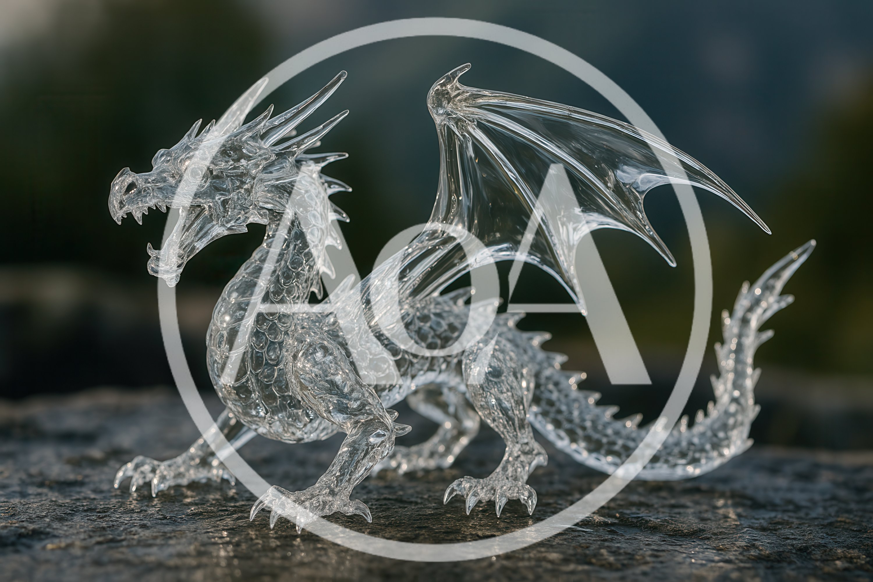 Clear Glass Dragon Figurine On A Rocky Surface