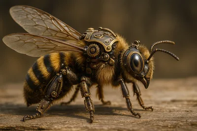 Steampunk Mechanical Bee Resting On Wood