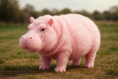 Fluffy Pink Hippo Toy Standing On Grass