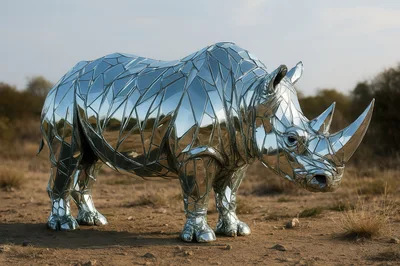 Reflective Mirror Mosaic Rhinoceros Sculpture In African Savanna