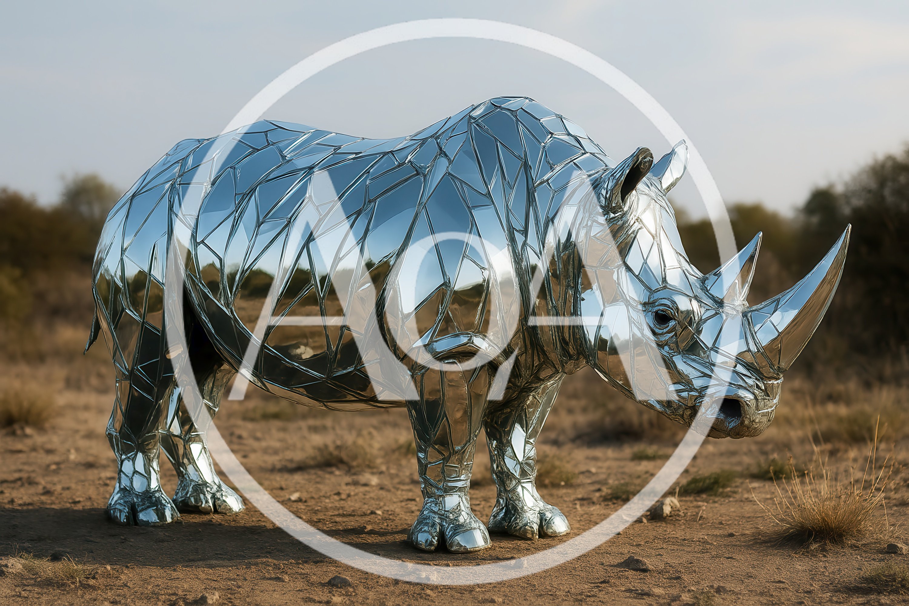 Reflective Mirror Mosaic Rhinoceros Sculpture In African Savanna