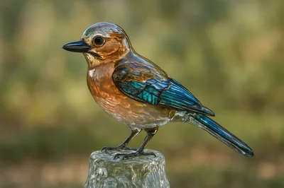 Glass Sculpture Of A Colorful Bird On A Pedestal