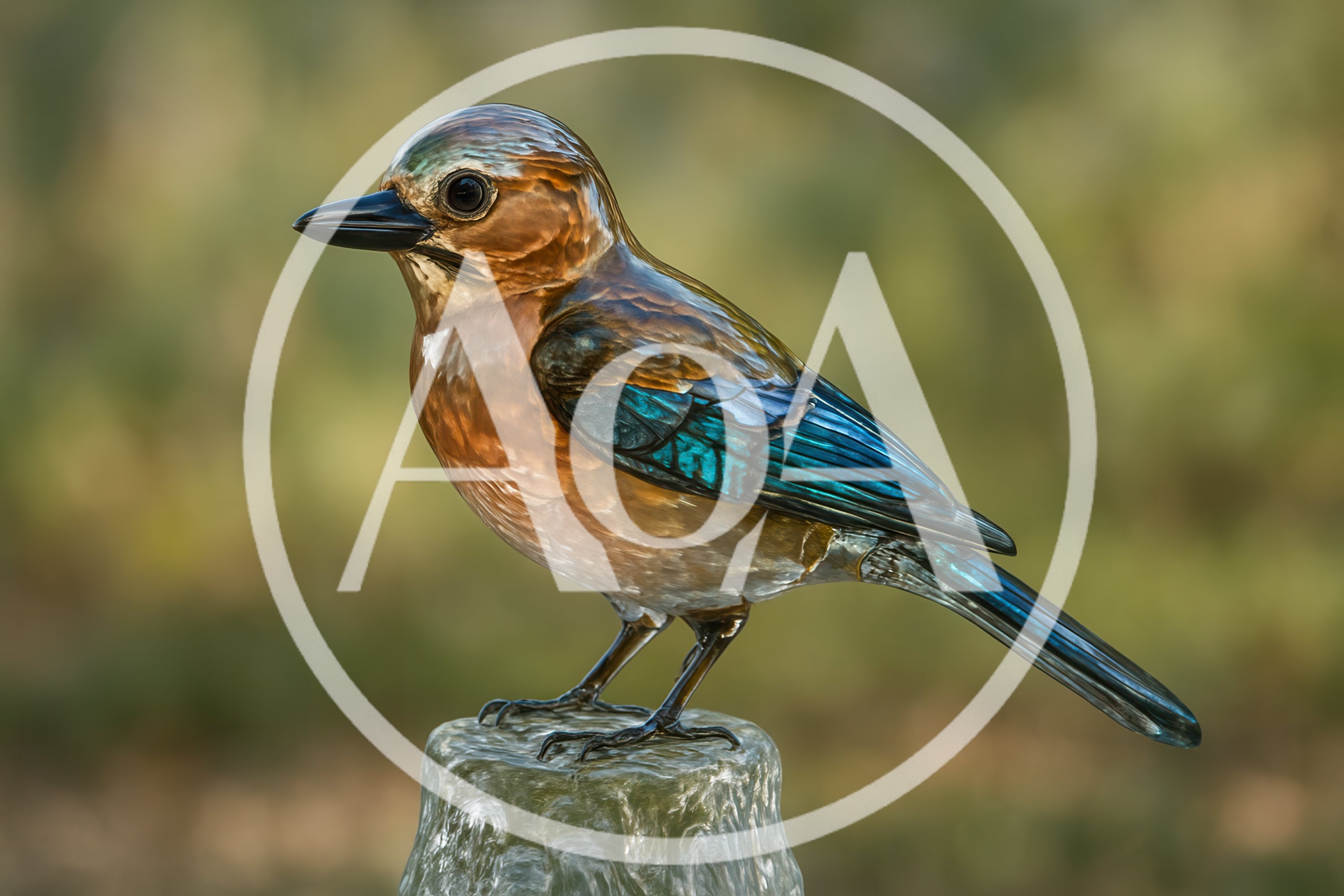 Glass Sculpture Of A Colorful Bird On A Pedestal