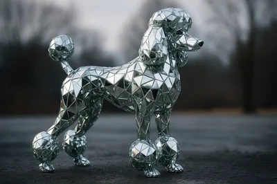 Mirrored Geometric Poodle Sculpture Standing Outdoors