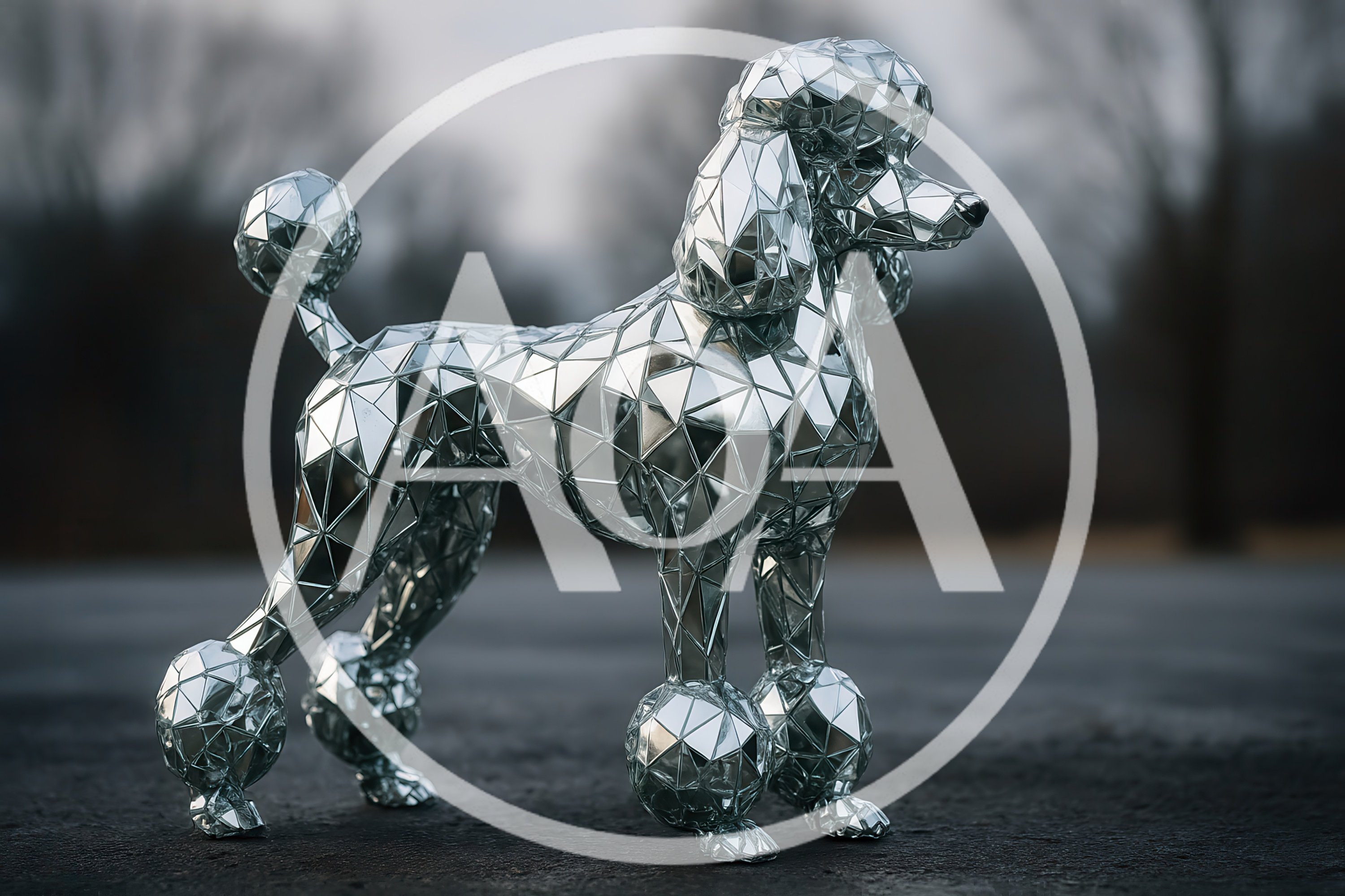Mirrored Geometric Poodle Sculpture Standing Outdoors