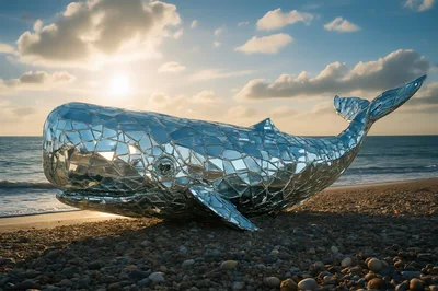 Reflective Mosaic Whale Sculpture On A Pebble Beach