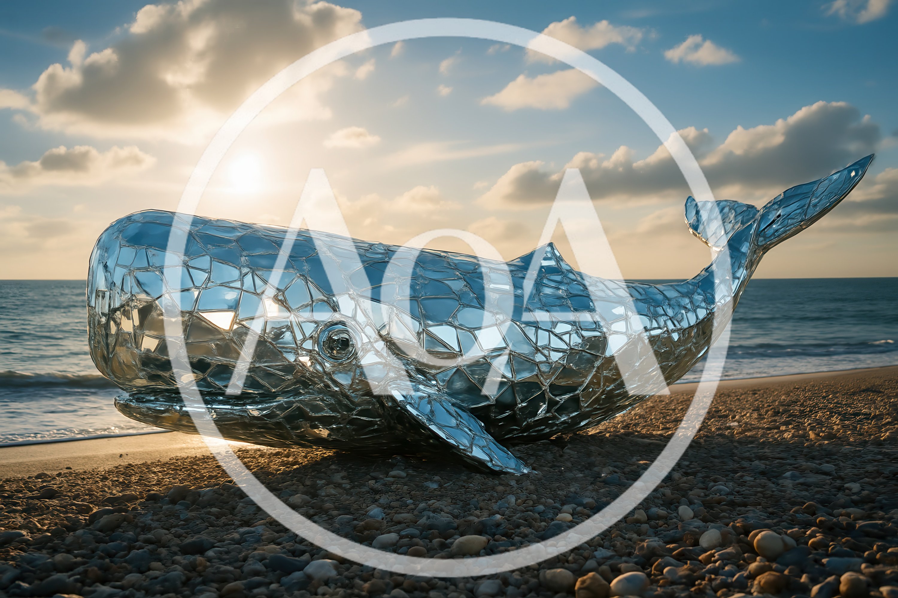 Reflective Mosaic Whale Sculpture On A Pebble Beach