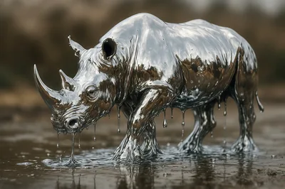 Liquid Silver Rhino Standing In Shallow Water