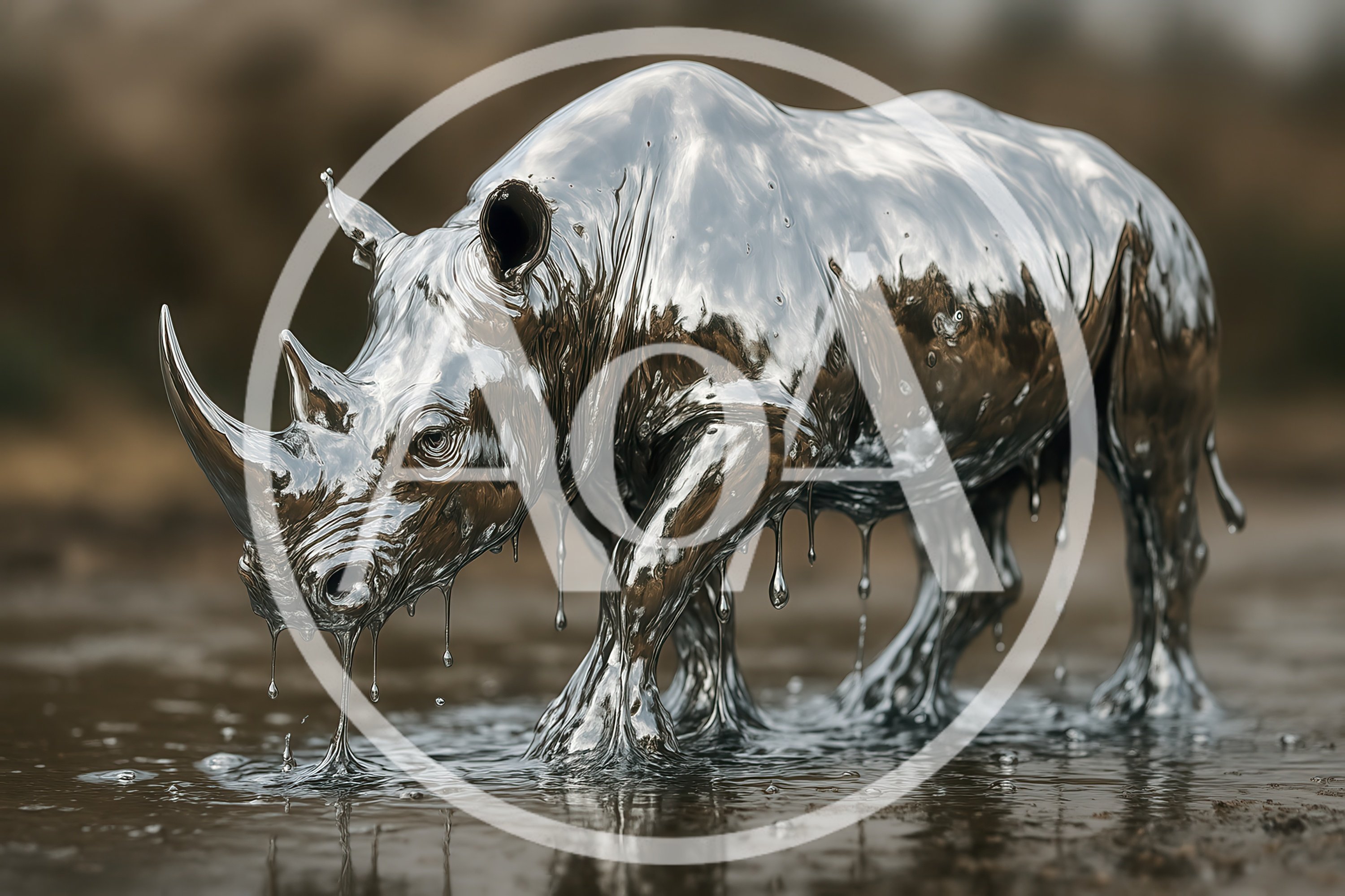 Liquid Silver Rhino Standing In Shallow Water