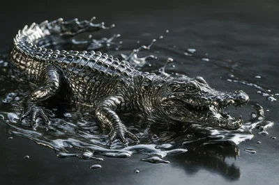 Metallic Crocodile Emerging From Liquid Mercury Pool