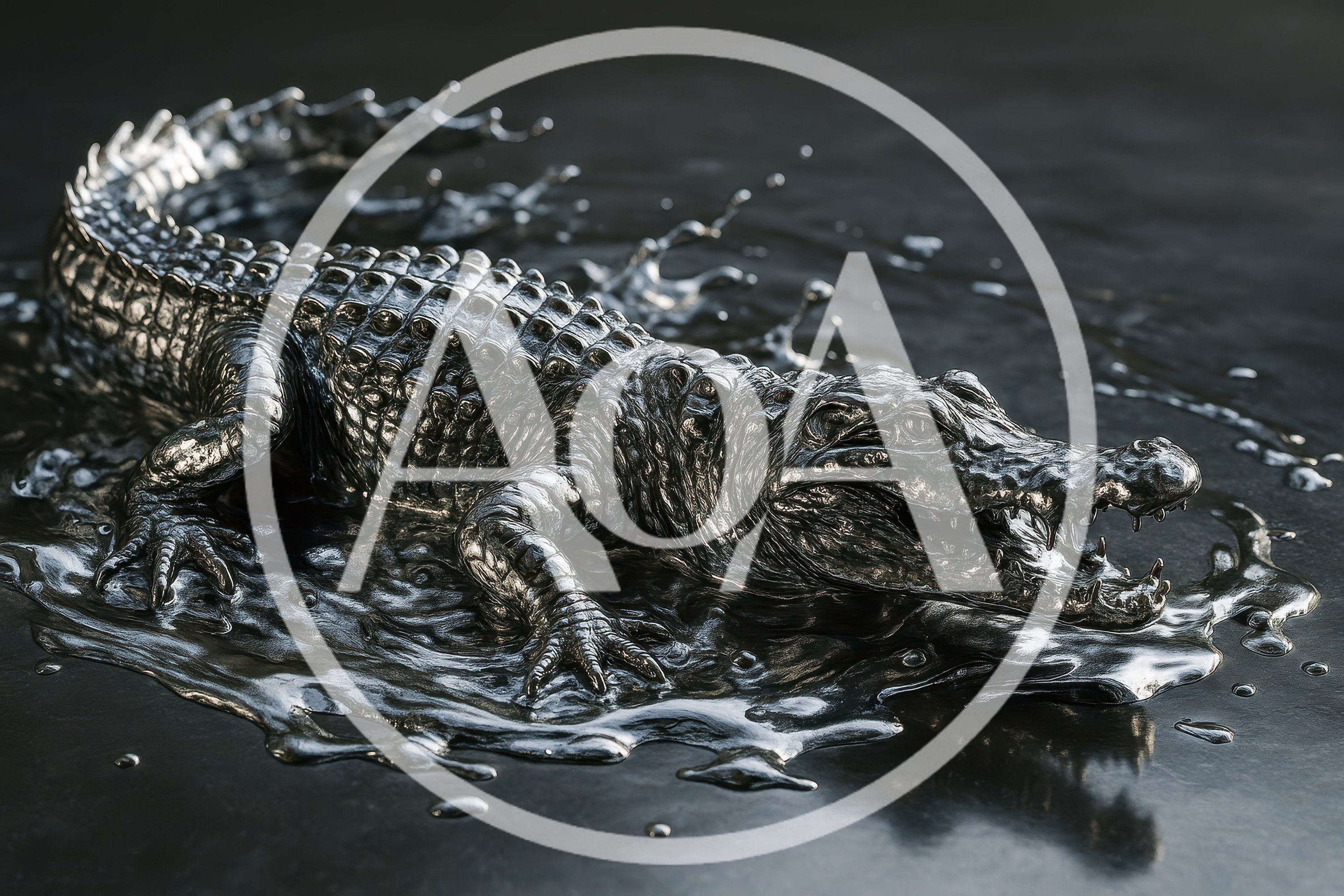 Metallic Crocodile Emerging From Liquid Mercury Pool