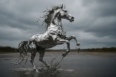 Liquid Silver Horse Rearing In Shallow Water