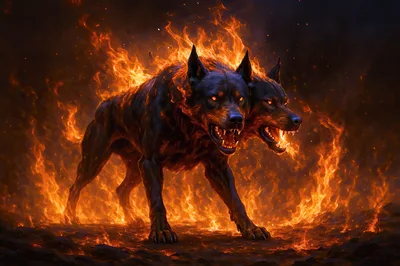 Two Headed Hellhound Surrounded By Intense Fire