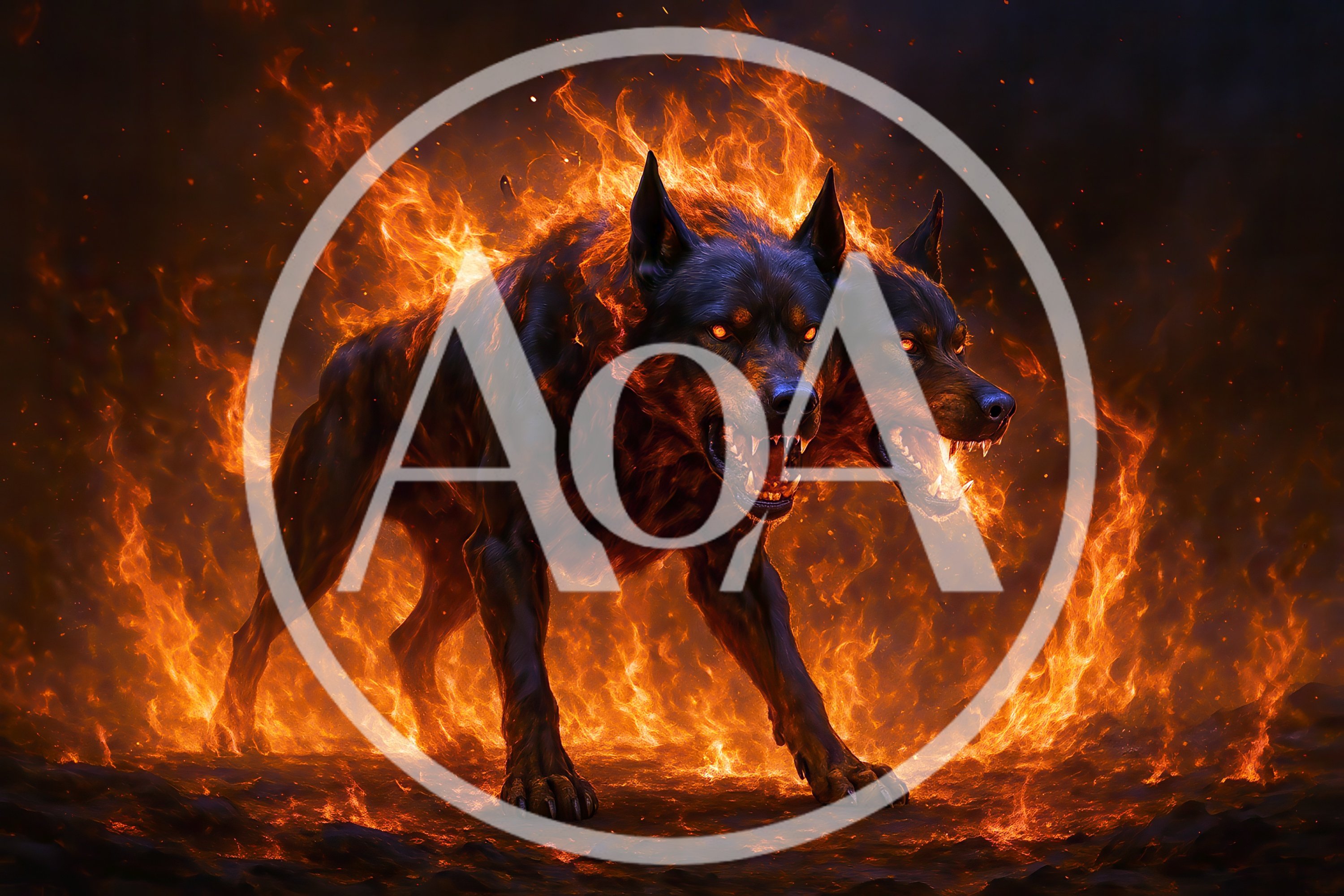 Two Headed Hellhound Surrounded By Intense Fire