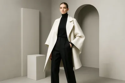 Fashion Model Wearing Elegant White Cape Coat