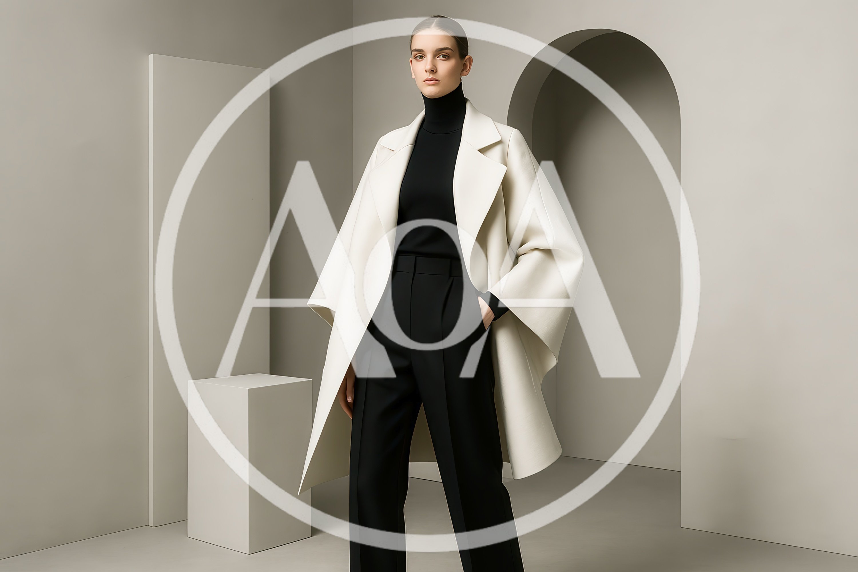 Fashion Model Wearing Elegant White Cape Coat