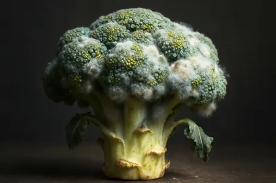 Single Head Of Moldy Broccoli On Dark Background