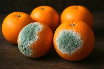 Group Of Fresh And Moldy Oranges On Wood