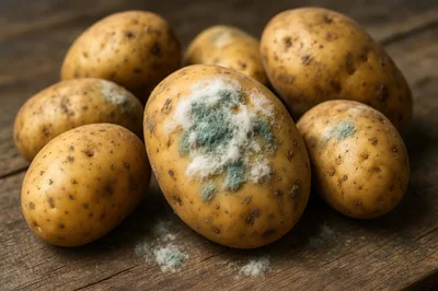 Group Of Moldy Potatoes On A Wooden Surface