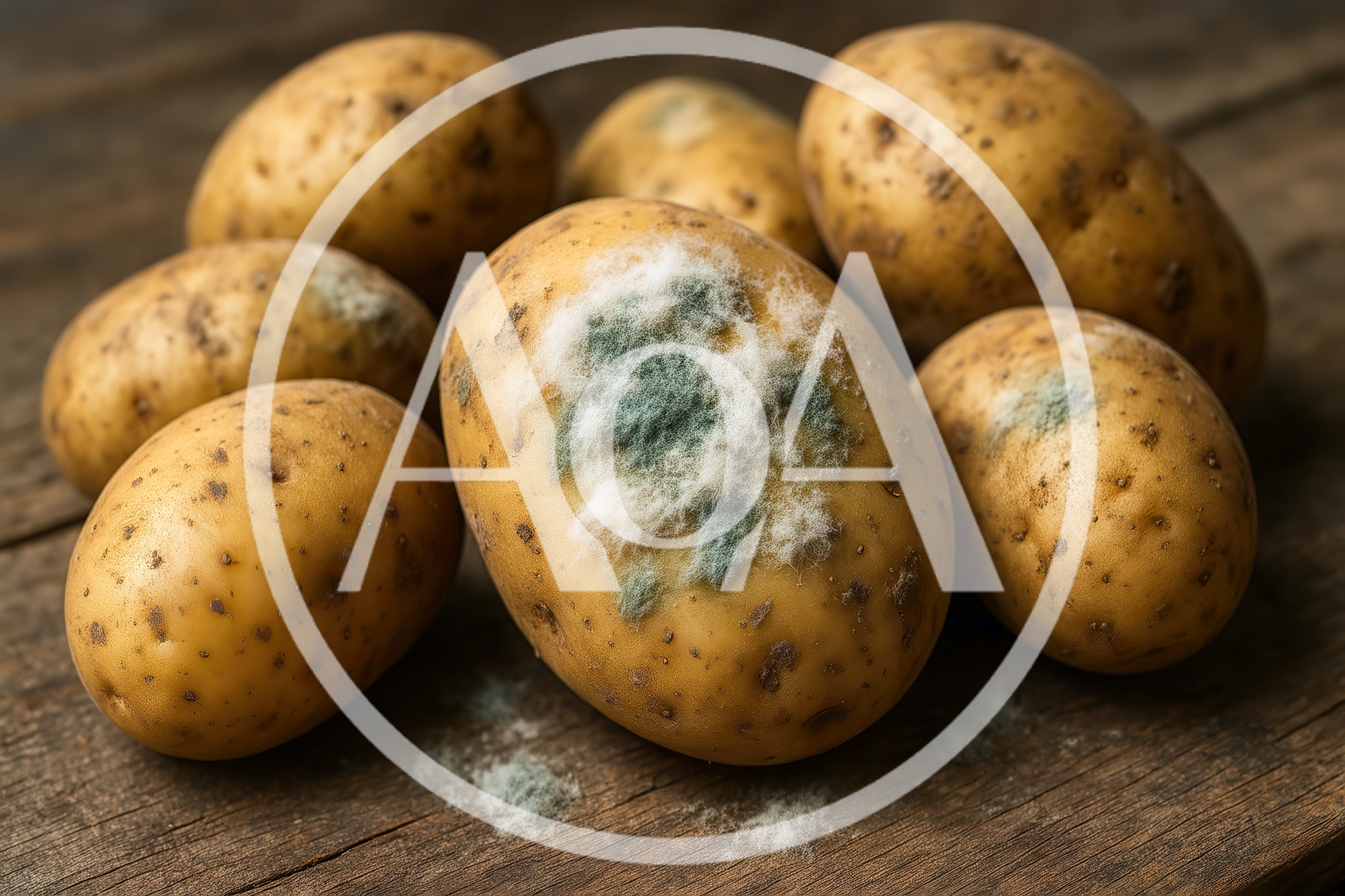 Group Of Moldy Potatoes On A Wooden Surface