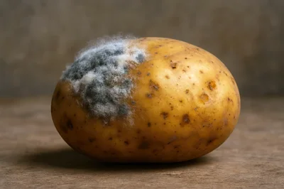 Single Potato With Mold Growth On Wooden Surface