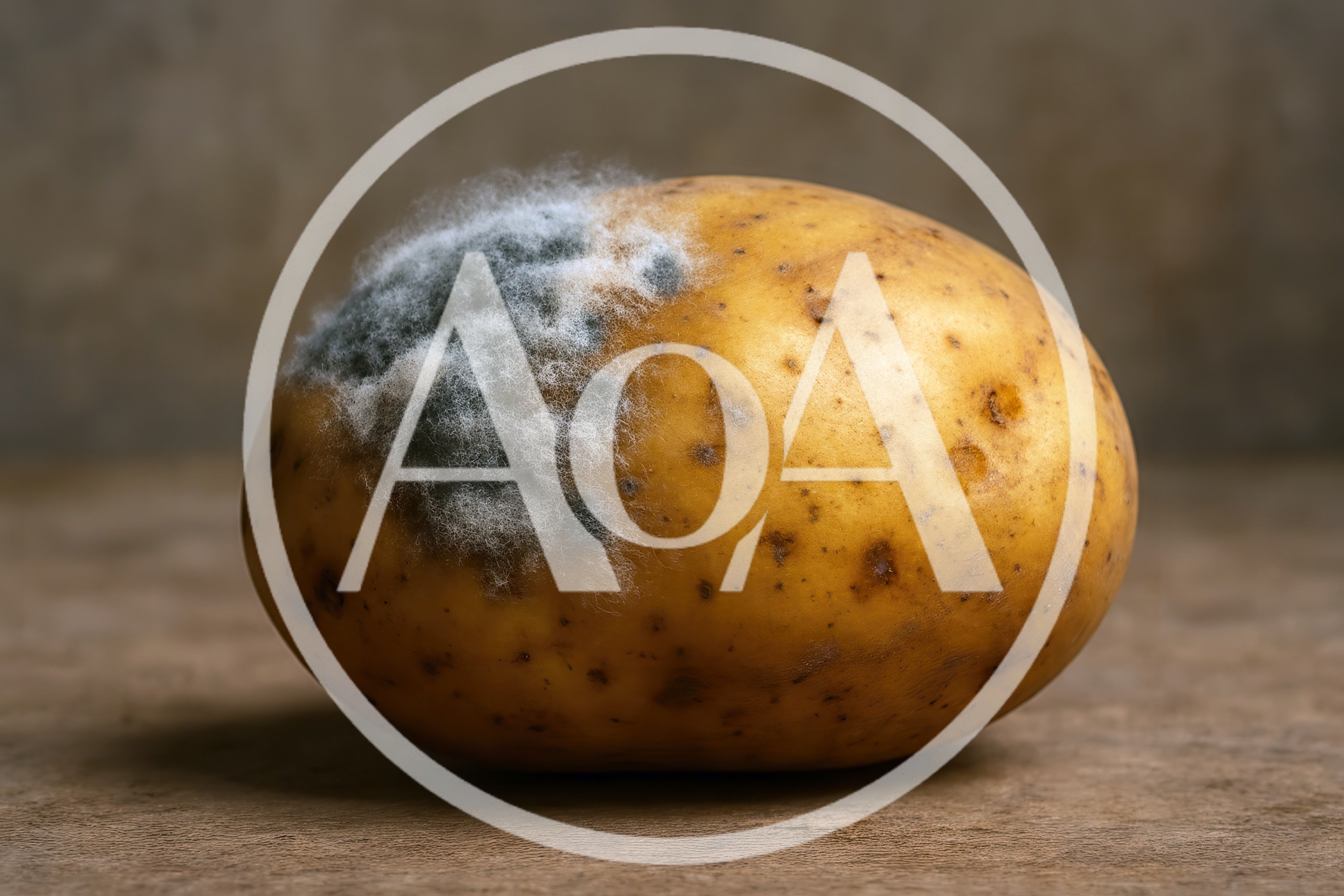 Single Potato With Mold Growth On Wooden Surface