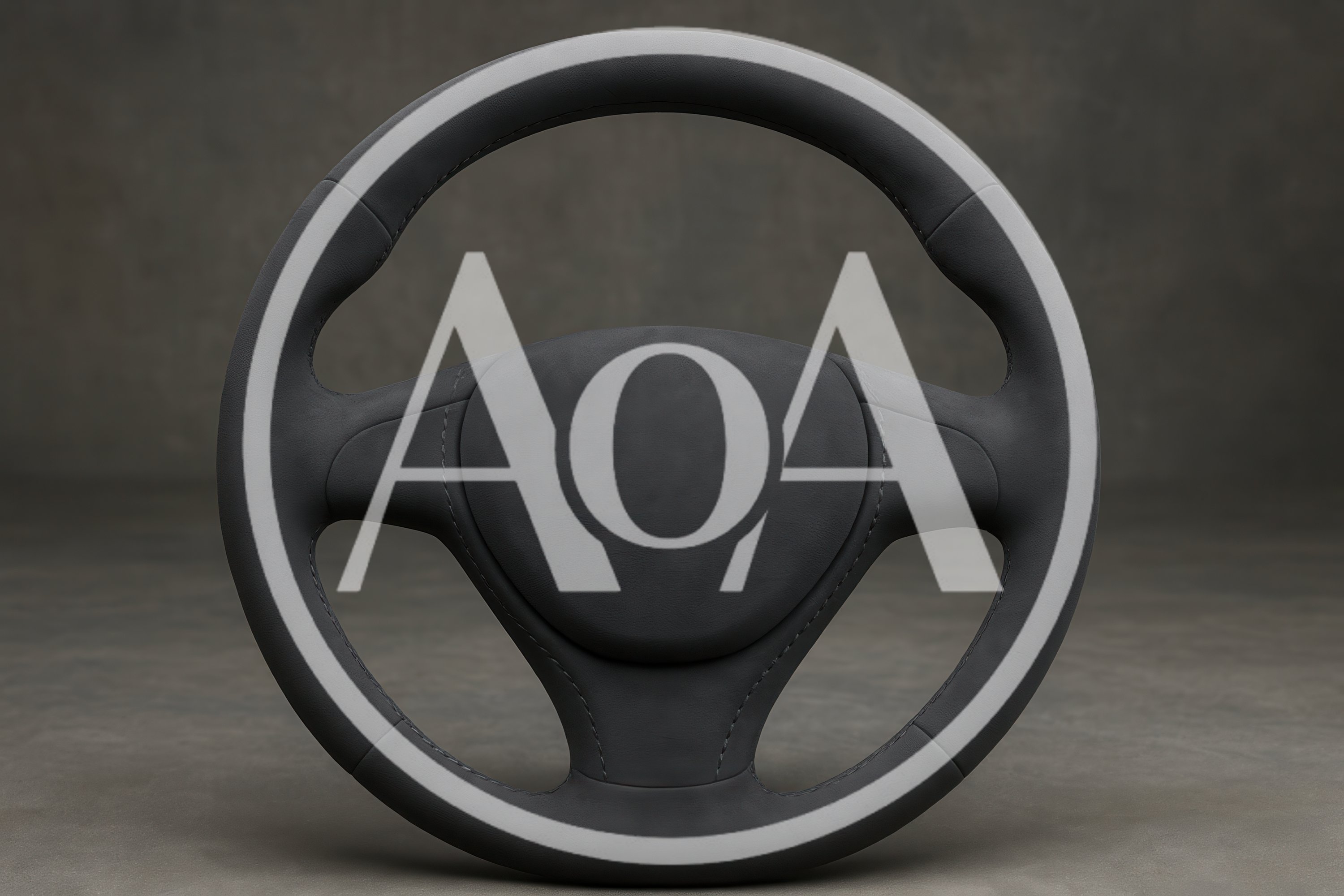 Minimalist Black Leather Steering Wheel On Grey Background