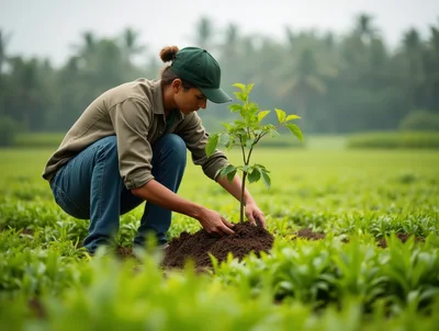 Young Woman Planting A Sapling In A Field