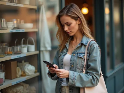 Young Woman Using Smartphone Outside Boutique Storefront