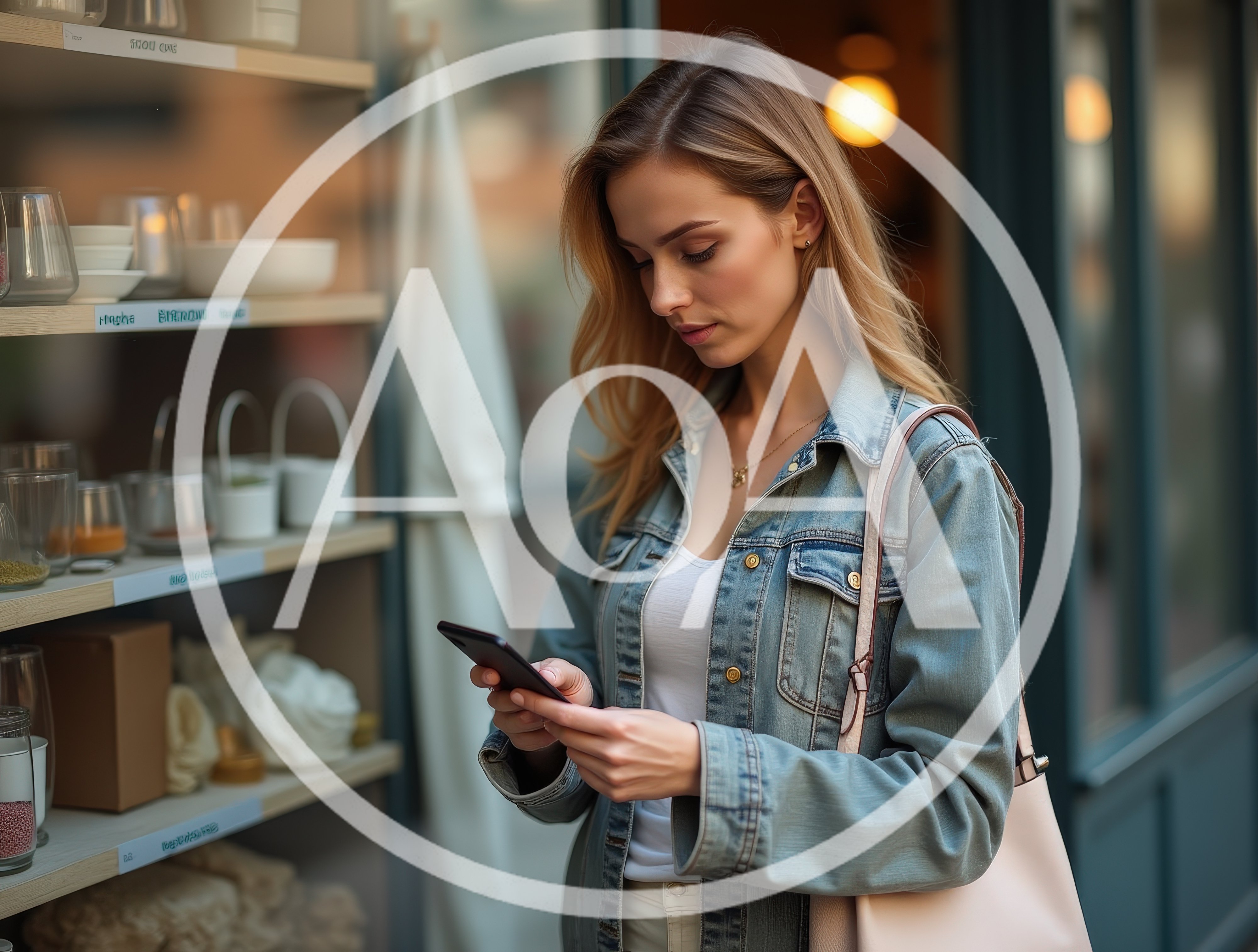 Young Woman Using Smartphone Outside Boutique Storefront