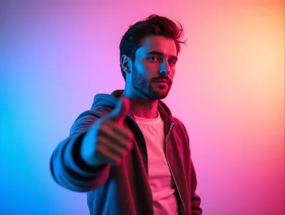 Young Man Giving Thumbs Up Under Neon Lighting