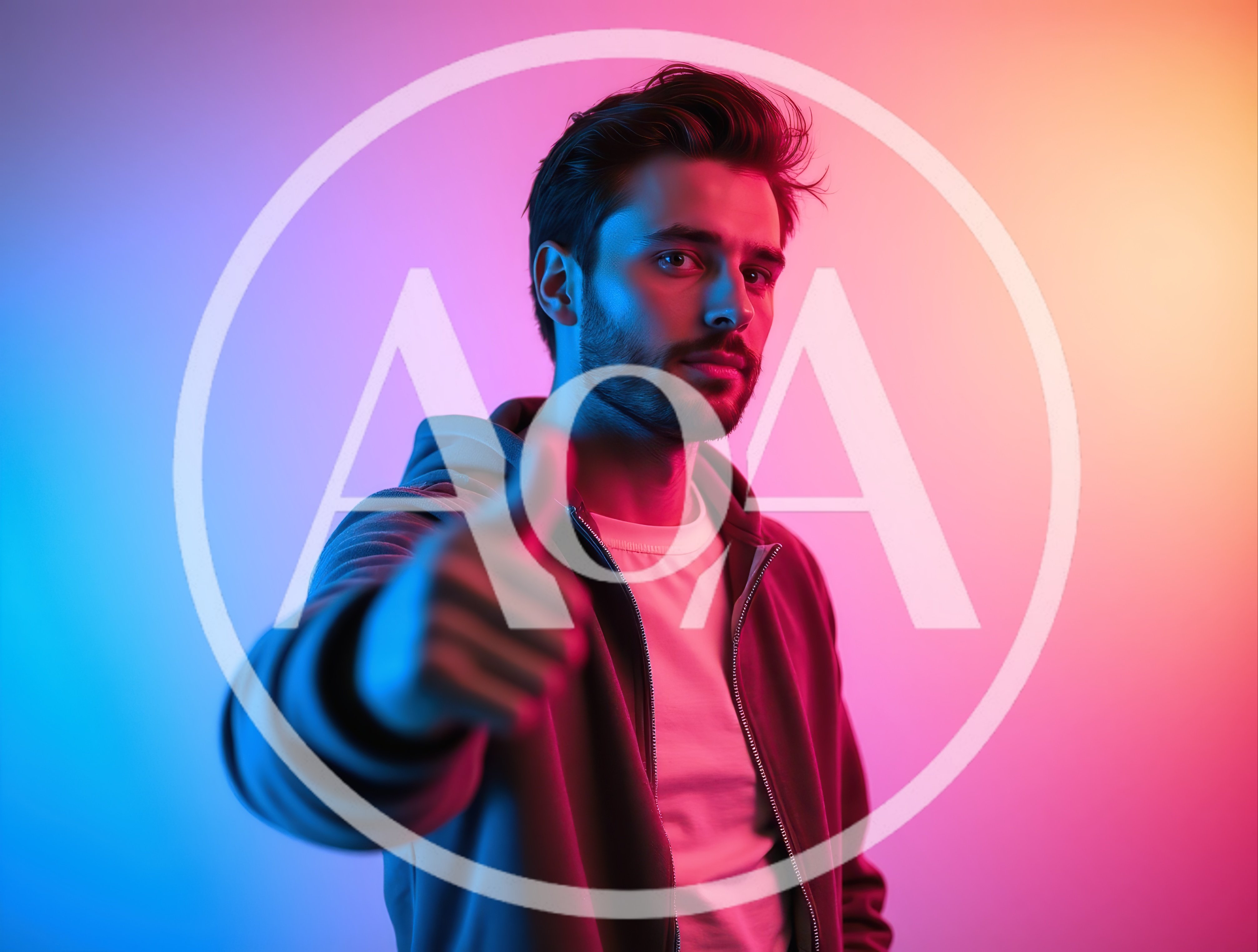 Young Man Giving Thumbs Up Under Neon Lighting