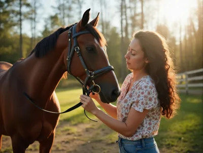 Young Woman Bonding With Her Horse At Sunset