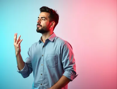 Young Man Gesturing Against Dual Tone Background