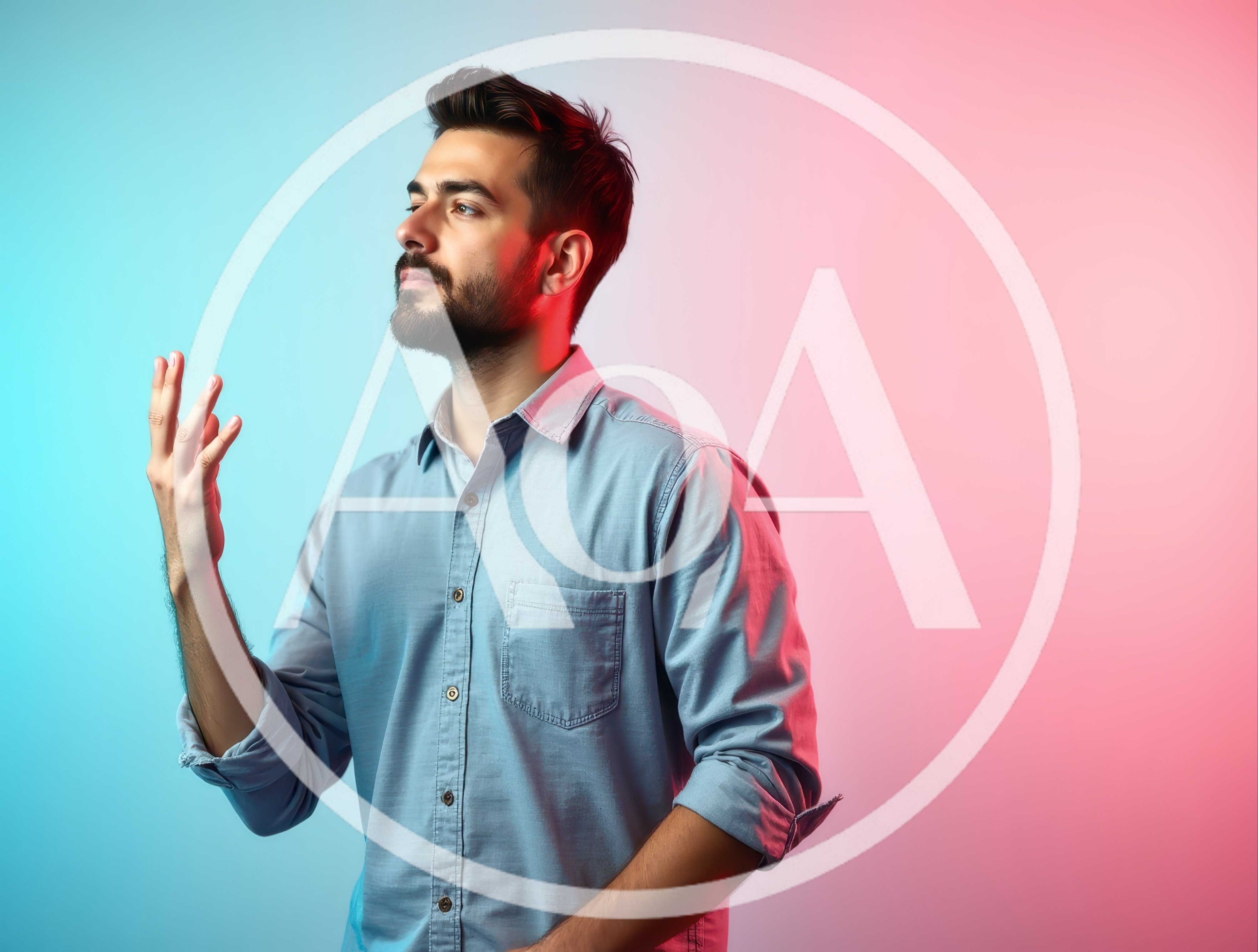 Young Man Gesturing Against Dual Tone Background