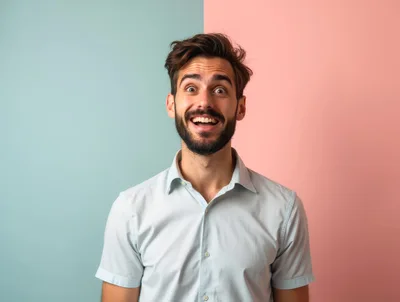 Surprised Young Man With Beard Against Split Background