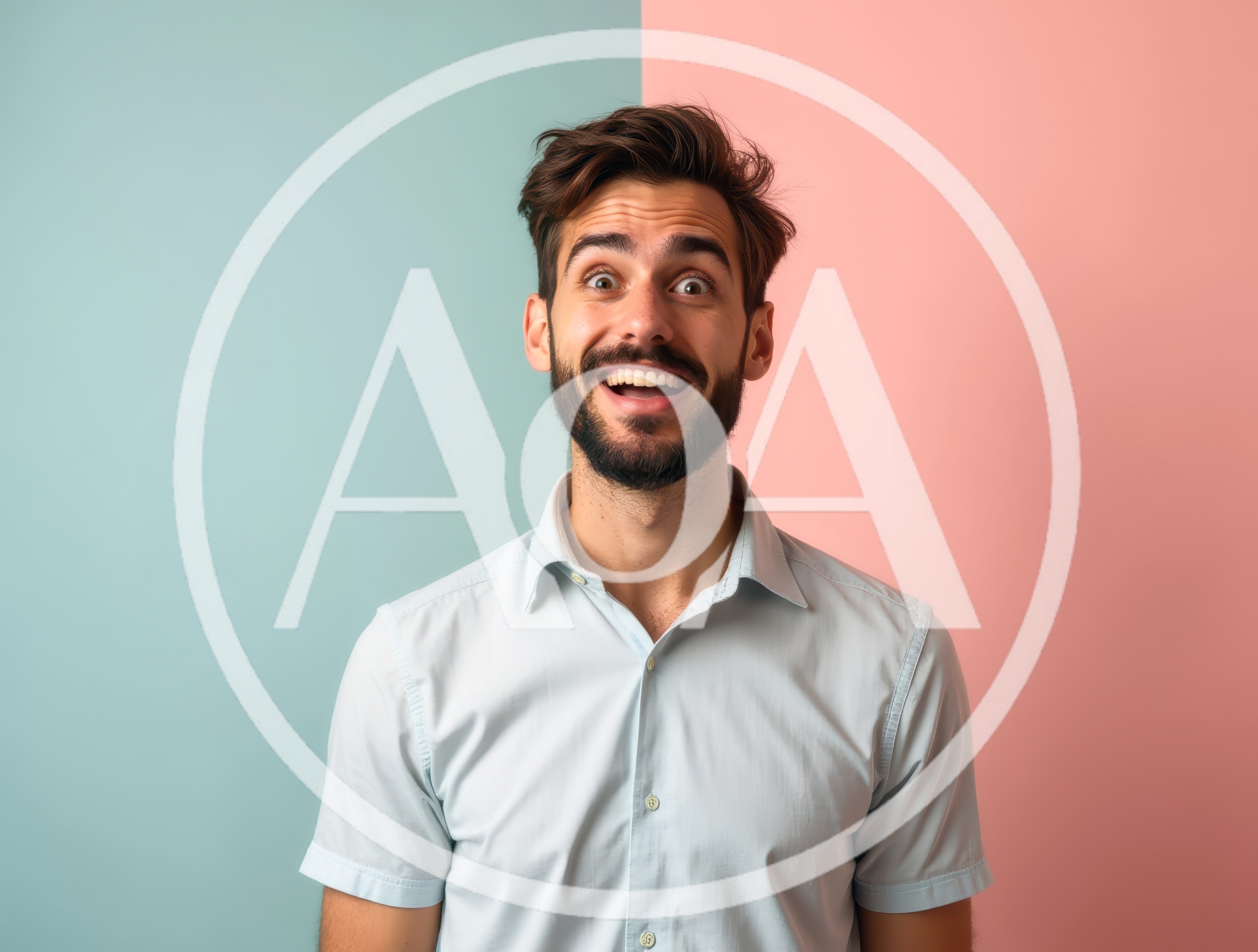 Surprised Young Man With Beard Against Split Background