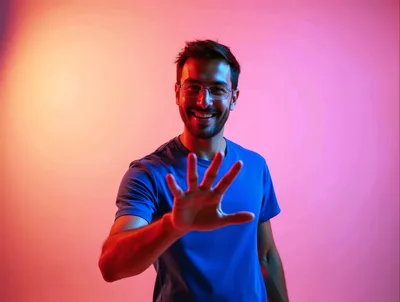 Smiling Man Gesturing Stop With Hand