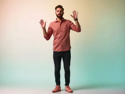 Man Standing With Hands Raised In Studio