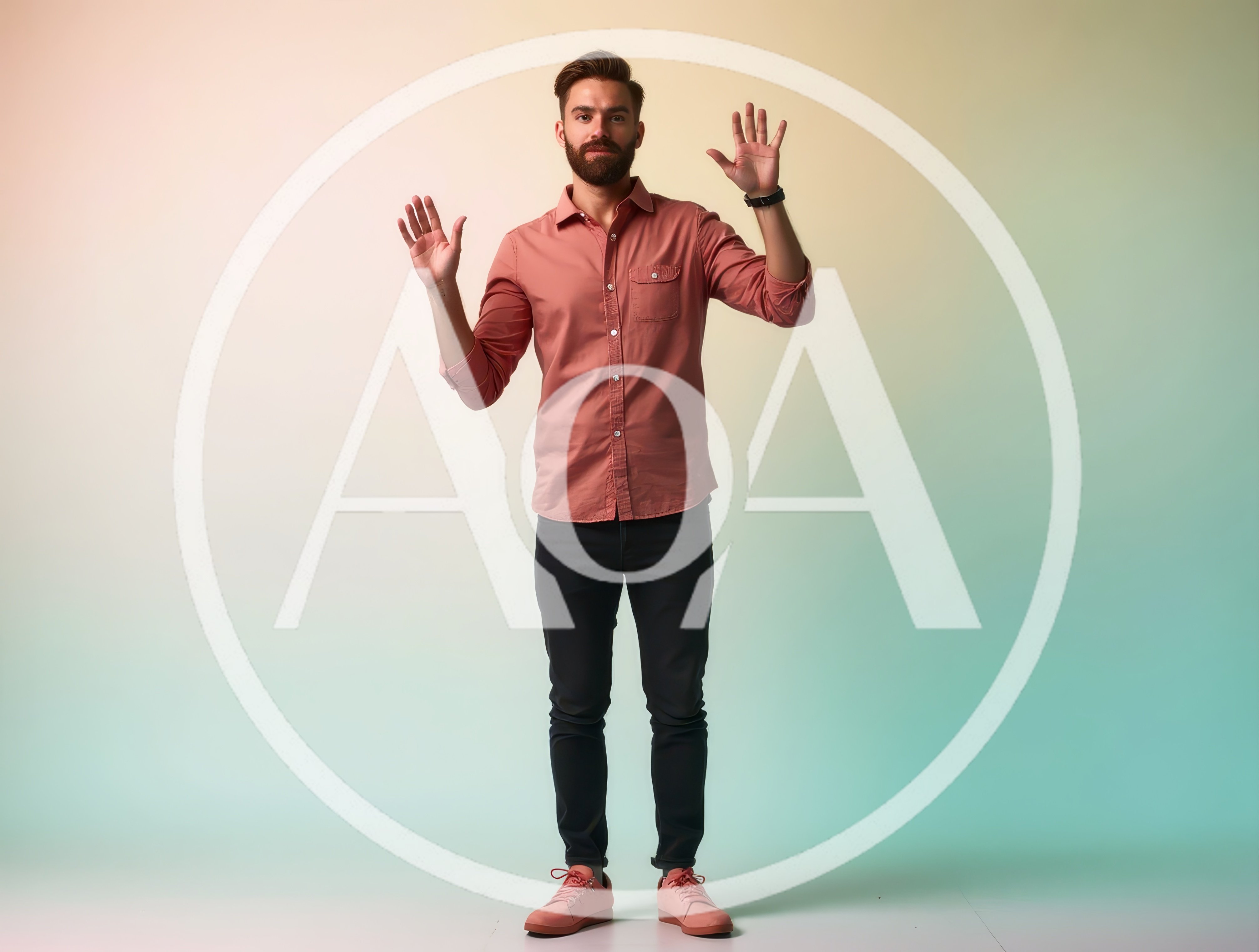 Man Standing With Hands Raised In Studio